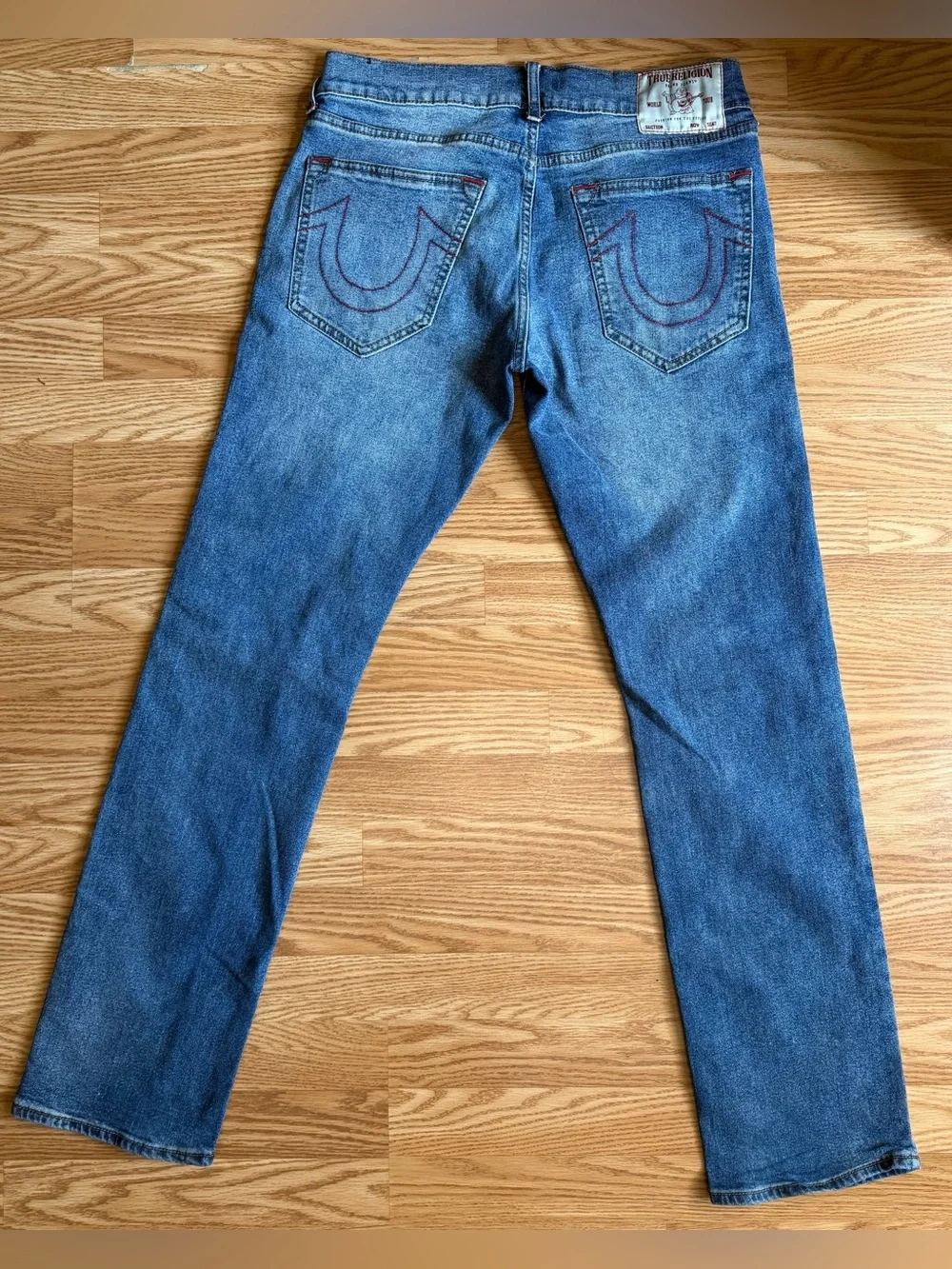 True Religion Ricky Straight Jeans Mens 32 Medium Wash Red Stitch Denim